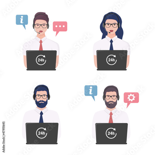 Call center operator set. Online support service. Colored vector flat illustration. Isolated on white background.