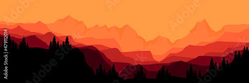 sunset evening mountain landscape vector illustration good for wallpaper, background, backdrop design, and design template