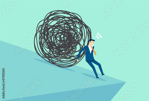 Fear businessman push out trouble circle, financial problem and economic crisis, avoid from working stress