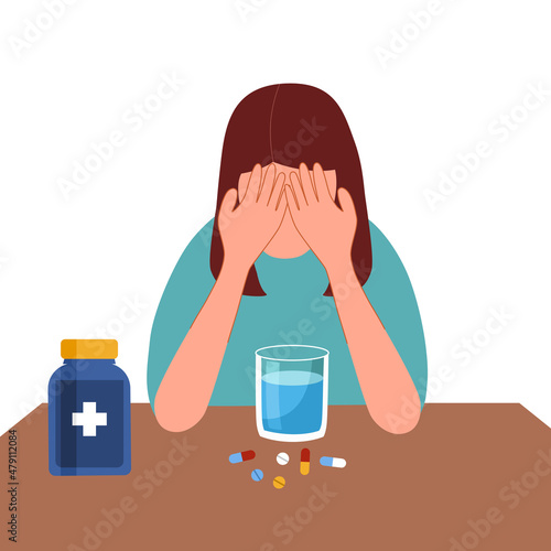 Woman taking medicine for illness treatment. Female take vitamin or supplement capsule pill with water.