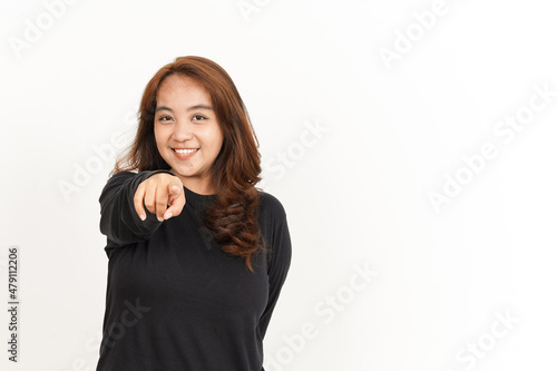 Pointing at you and smile Of Beautiful Asian Woman Wearing Black Shirt Isolated On White Background