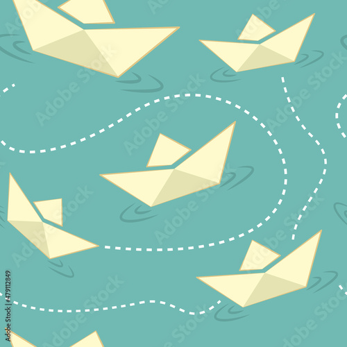 Paper boat seamless pattern with small waves and routes.