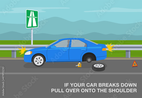 Safety driving rules on an expressway. If your car breaks down, pull over onto the shoulder of the road. Traffic rules on highway, speedway, motorway. Broken car. Flat vector illustration template.