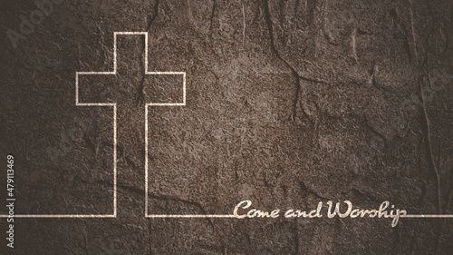 Cross and come and worship text in thin lines style photo