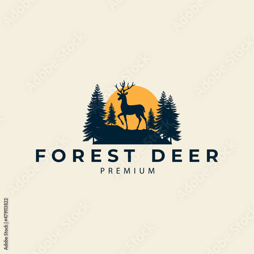wild deer with pine forest logo vector icon symbol illustration design silhouette