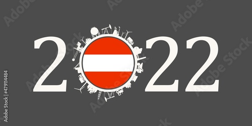 2022 year number with industrial icons around zero digit. Flag of Austria.