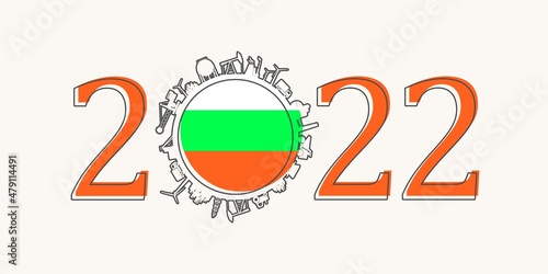 2022 year number with industrial icons around zero digit. Flag of Bulgaria.