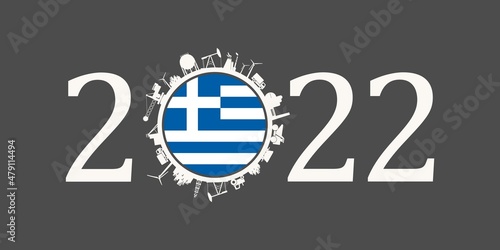 2022 year number with industrial icons around zero digit. Flag of Greece.