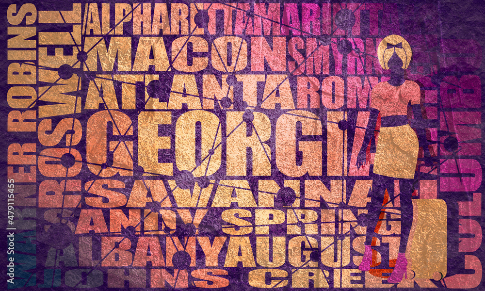 Fototapeta premium Woman traveler standing with baggage. Georgia state cities on backdrop