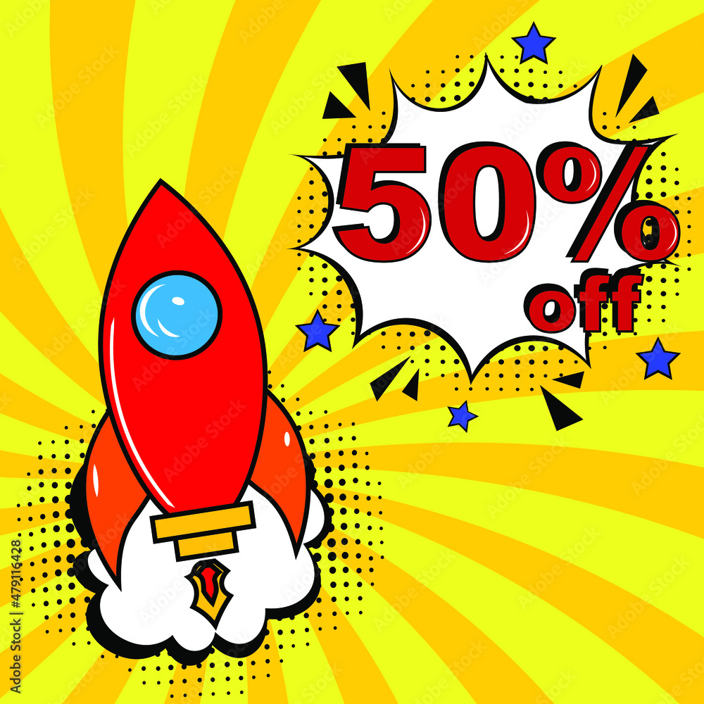 Pop art comic sale discount promotion banner. 50 percent off. Comic text 50 percent sale set discount. Promo sale Fifty percent poster