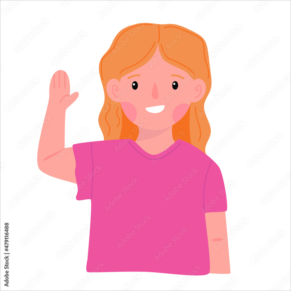 Little girl waving with hand and saying hi or bye. Smiling child greeting smb. Portrait of kid from kindergarten or preschool. Hello gesture. Flat vector illustration of schoolgirl isolated on white Little girl waving with hand and saying hi or bye. Smiling child greeting smb. Portrait of kid from kindergarten or preschool. Hello gesture. Flat vector illustration of schoolgirl isolated on white
