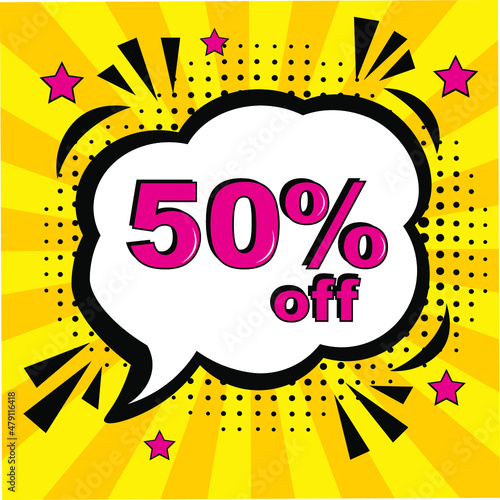 Pop art comic sale discount promotion banner. 50 percent off. Comic text 50 percent sale set discount. Promo sale Fifty percent poster