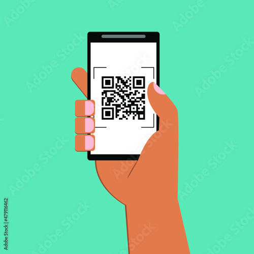 Hand scanning QR code in mobile phone. Barcode, qrcode scanning in app of smartphone. Scan ID payment in phone. Flat online payment. vector