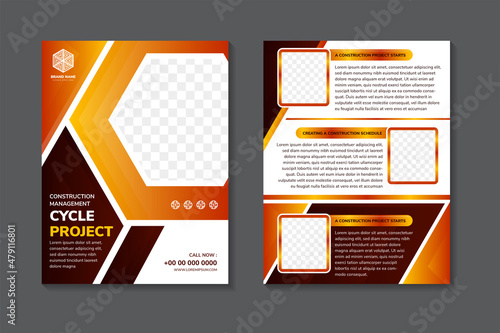 Set of vertical flyer for cycle project construction, creative concept for advertising, template for posting photos and text. white background with dark red, brown, and orange gradient element.