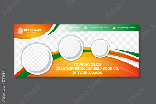 Horizontal Banner for infused food oil for salad concept for presentations and advertising, template for posting photos and text. Modern orange yellow gradient background with green and white element
