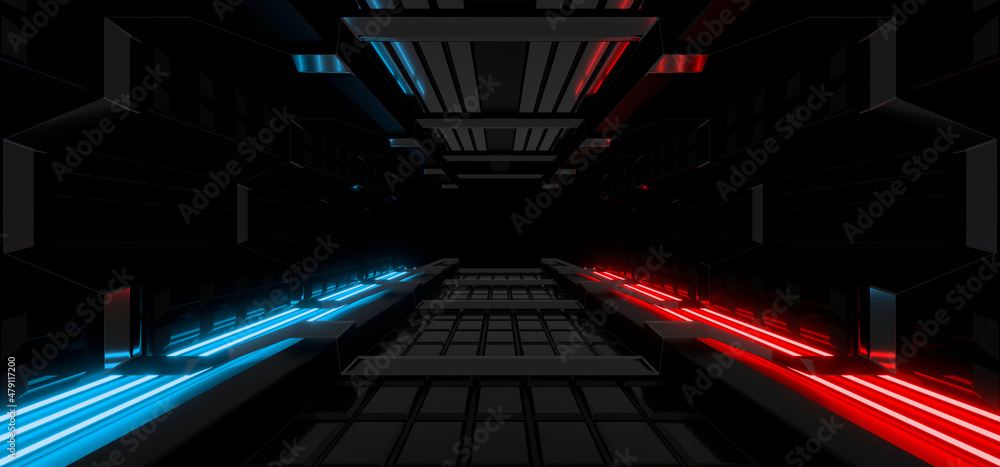 Fototapeta premium Sci Fy neon lamps in a dark corridor. Reflections on the floor and walls. 3d rendering image.