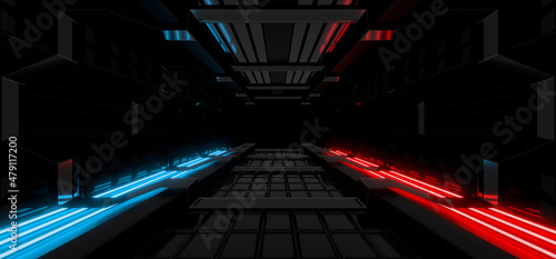 Fototapeta Naklejka Na Ścianę i Meble -  Sci Fy neon lamps in a dark corridor. Reflections on the floor and walls. 3d rendering image.