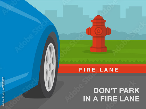 Outdoor parking rules. Red colored curb meaning. Perspective close-up view of vehicle front tires. Don't park in a fire lane. No parking area. Flat vector illustration template.