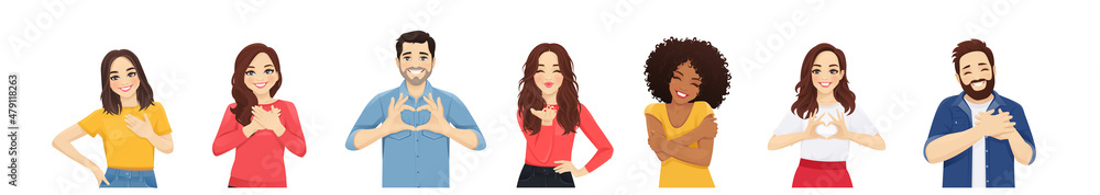 Happy young people showing love with different gestures set. Vector illustration isolated on white background Happy young people showing love with different gestures set. Vector illustration isolated on white background