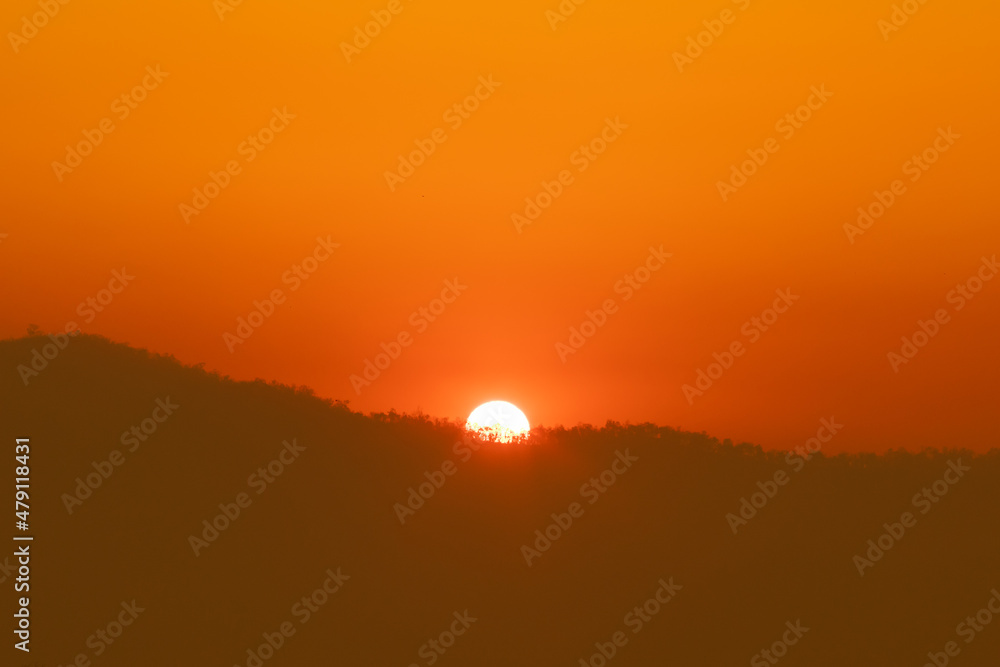 Sunrise over mountain hill forest at the morning time. Sunrise over mountain hill forest at the morning time.