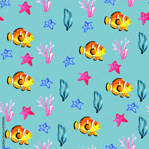Seamless watercolor underwater life pattern. Boundless pattern can be used for web page backgrounds, wallpapers, wrapping papers, invitation and summer designs. © Elena