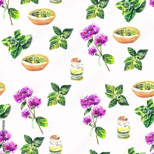 Seamless pattern Made of Hand Drawn Culinary Herbals. Colored Leaves and Twigs with no Contour. Watercolor Oregano Parts. For Culinary pattern and other Products, Posters, Designs. photo