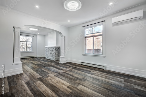 Empty beautiful old style modern renovated apartment in 2 floors Canadian house with nice equipped contemporary kitchen with appliances  stove  fridge  washer and dryer  new bathroom and powder room