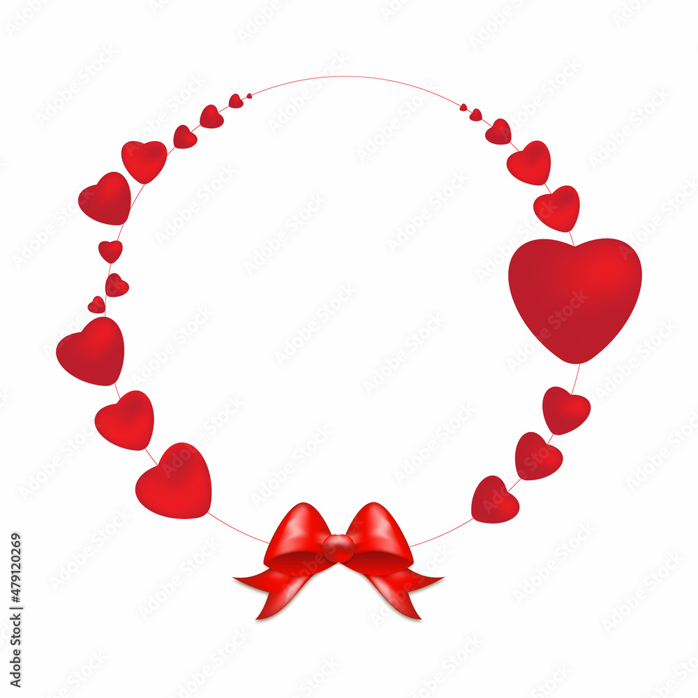 Valentine's Day Concept. Wreath with red hearts and bow. circle frame isolated on white background. Elements for Greeting Card, wedding, template, poster, celebration.Vector Illustration.