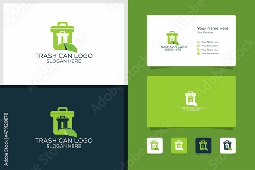 trash can design logo and business card design template. premium vectors.