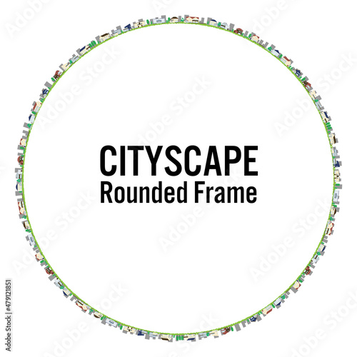 住宅街の街並みイラスト円形フレーム ベクターイラスト