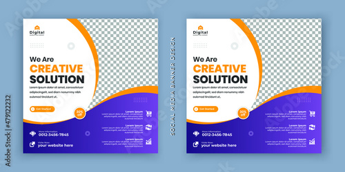 We are creative solution digital business marketing social media banner and minimalist square flyer poster. promotional mockup photo vector frame and fully editable vector web banner template