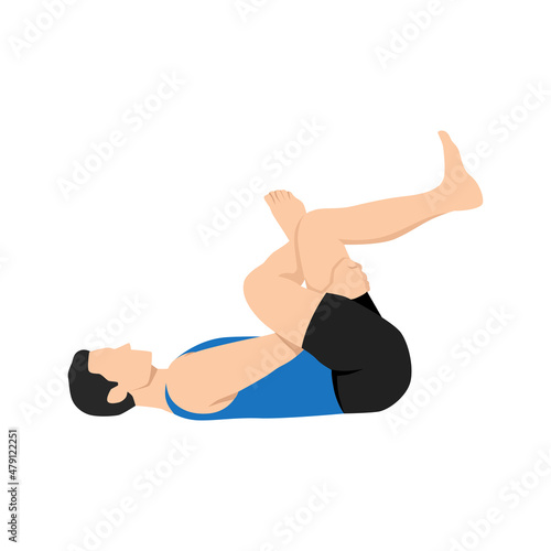Man doing figure four stretch exercise. Flat vector illustration isolated on white background