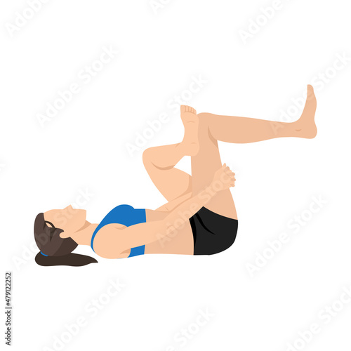 Woman doing figure four stretch exercise. Flat vector illustration isolated on white background