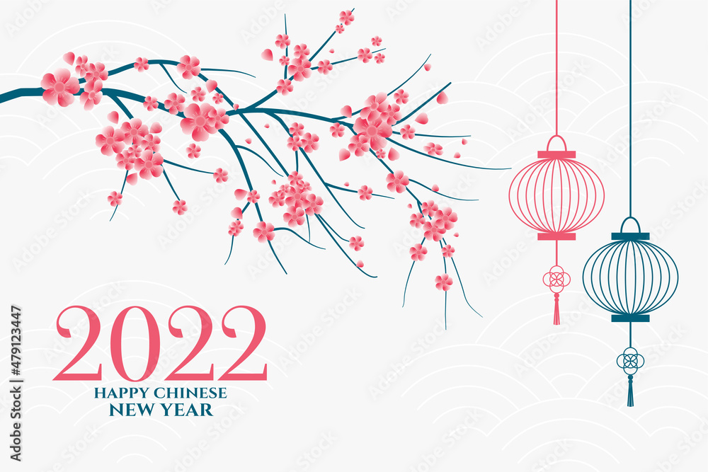 2022 chinese new year banner with sakura tree leaves and lantern - obrazy, fototapety, plakaty 