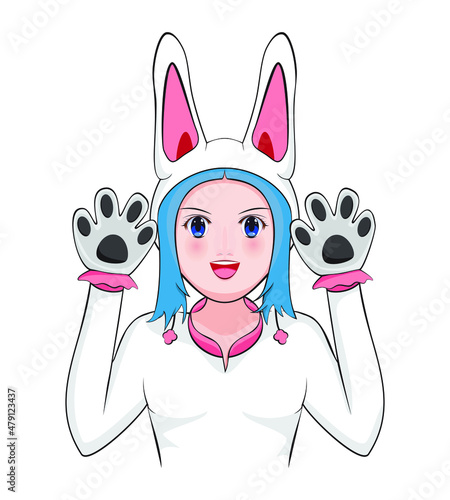 cute young woman or lady or teen costume or cosplay or dress in and action as white rabbit one of twelve Chinese zodiac year drawing in cartoon vector