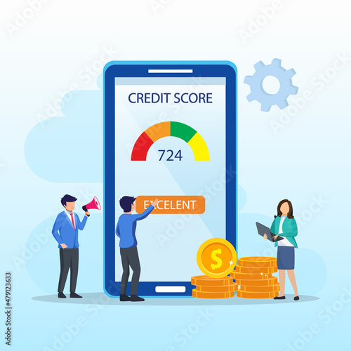 Credit score vector concept, Business people check credit score of  while using laptop and smart phone. Flat vector template Style Suitable for Web Landing Page, Background.