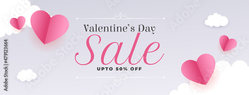 valentines day sale lovely web banner with paper hearts and clouds