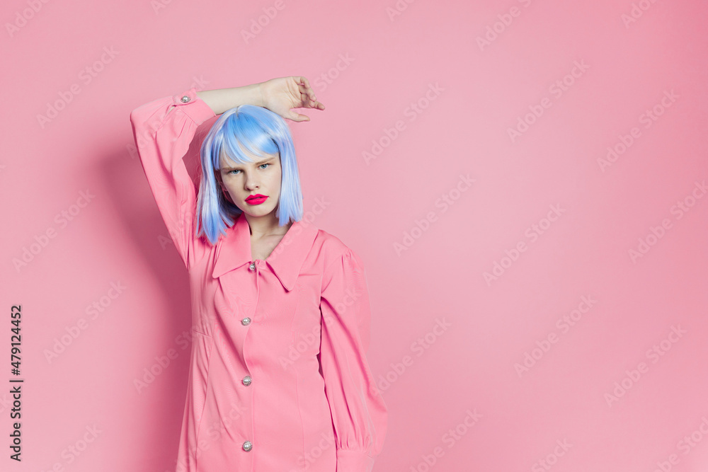 fashionable woman wears a blue wig makeup Lifestyle posing fashionable woman wears a blue wig makeup Lifestyle posing