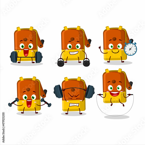 A healthy orange pencil sharpener table cartoon style trying some tools on Fitness center