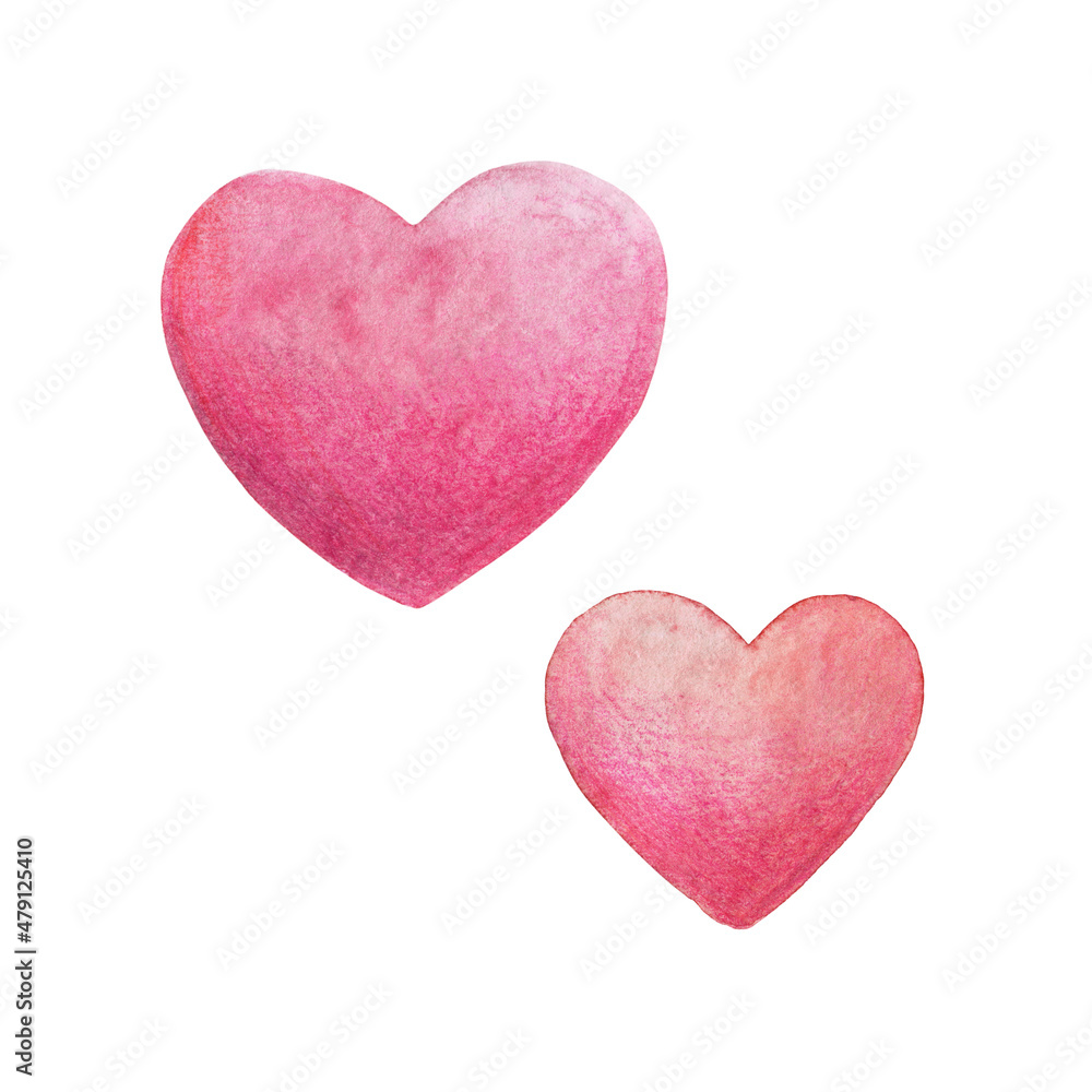 Two pink hearts. Watercolor illustration isolated on white.