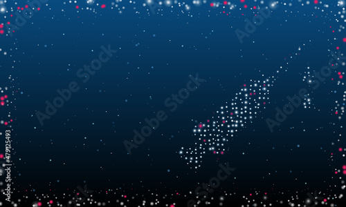 On the right is the syringe symbol filled with white dots. Pointillism style. Abstract futuristic frame of dots and circles. Some dots is pink. Vector illustration on blue background with stars