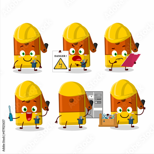 Professional Lineman orange pencil sharpener table cartoon character with tools