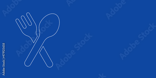 A large white outline dinner time symbol on the left. Designed as thin white lines. Vector illustration on blue background