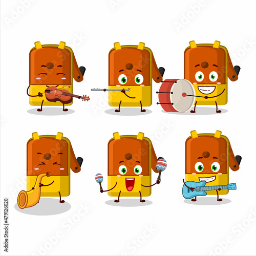 Cartoon character of orange pencil sharpener table playing some musical instruments