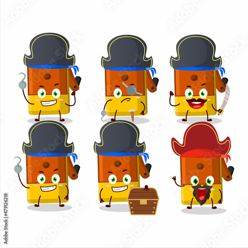 Cartoon character of orange pencil sharpener table with various pirates emoticons