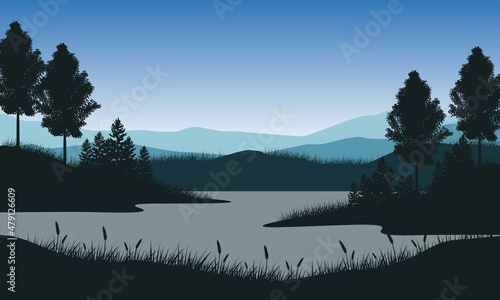 Realistic mountain landscape at night with dry pine tree silhouettes around