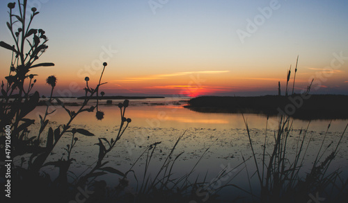 Dawn landscape at the reservoir. Dawn landscape on Lake Onega above the forest shore with fog on the water surface.