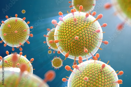 Paramyxovirus mumps , COVID pandemic, Close-up of virus under microscope. Realistic high quality medical 3d animation.