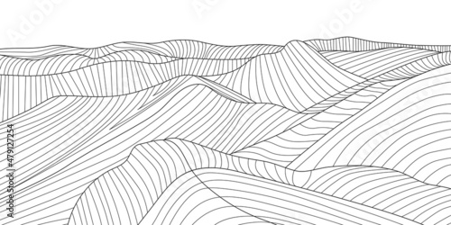 Line Art Drawing of Mountain Landscape. Banner with Line Art Mountain Composition, Ideal for Wall Art Print, Modern Poster, Minimal Interior Design, Social Media. Vector EPS 10
