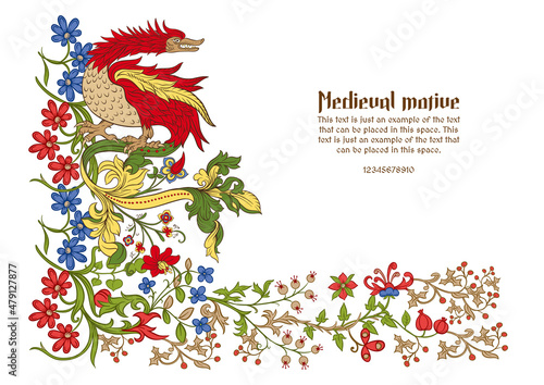 Floral and animal vintage Medieval illuminati manuscript inspiration. Romanesque style. Template for greeting card, banner, gift voucher, label. Vector illustration.